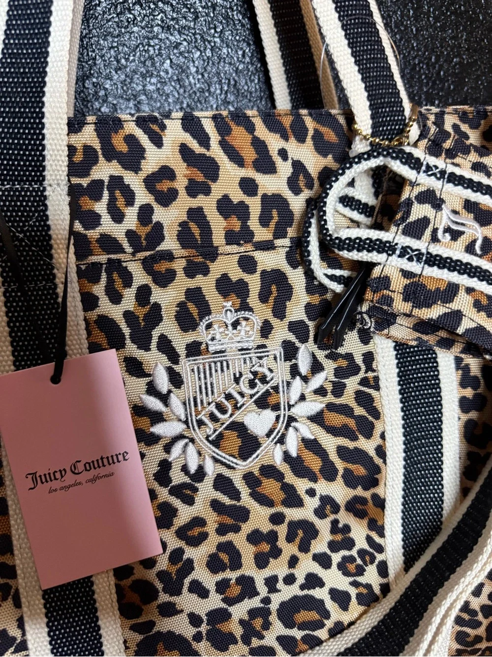 Juicy Couture Leopard-Print Tote with Black & Cream Striped Handles